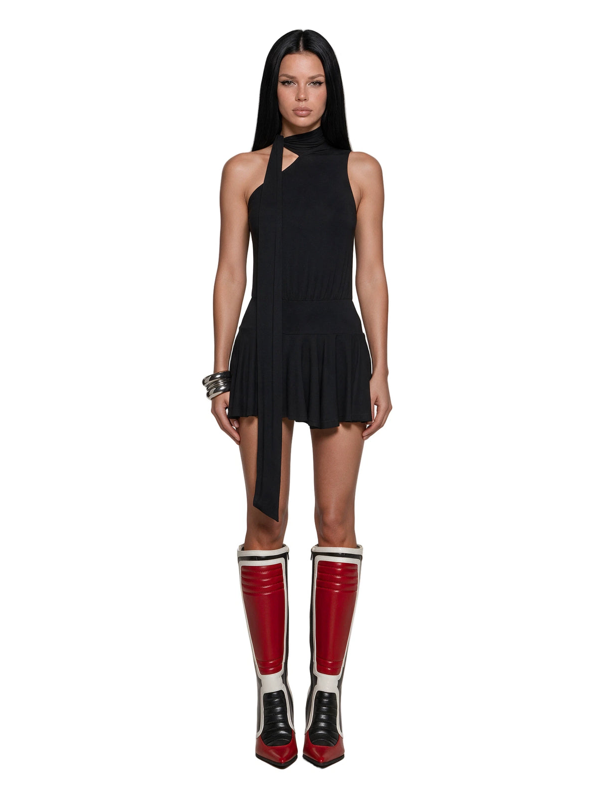 Padded Knee-High Moto Boots - Red Multi