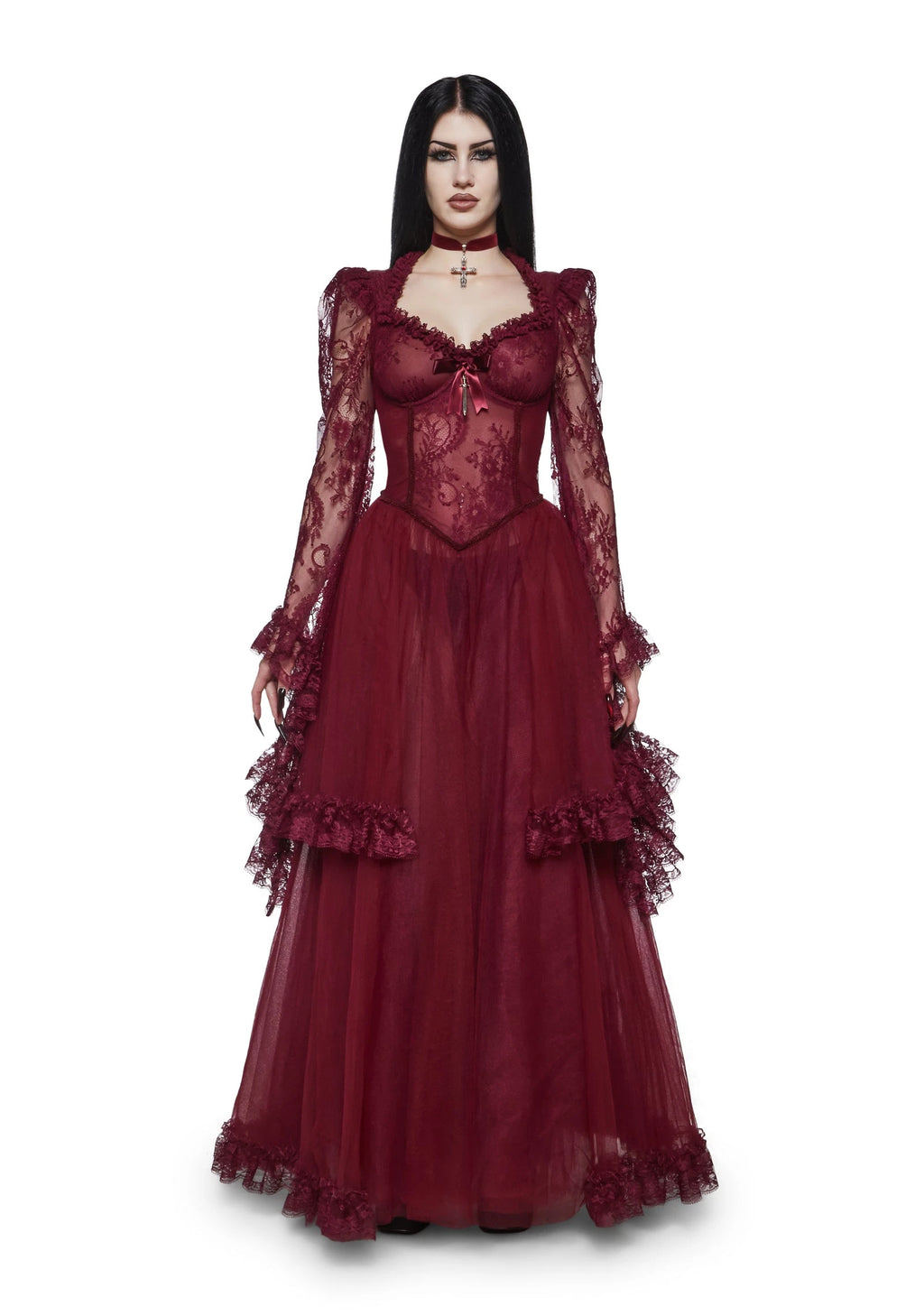 Lace Bodice Sheer Maxi Dress - Burgundy