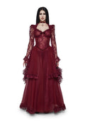 Lace Bodice Sheer Maxi Dress - Burgundy