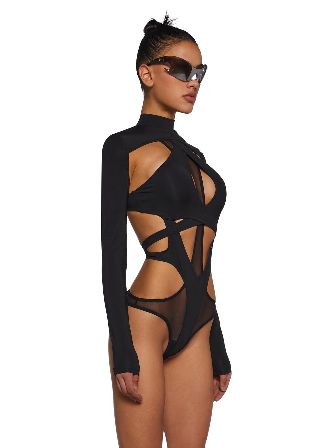 Strappy Mesh Bodysuit With Detachable Shrug - Black
