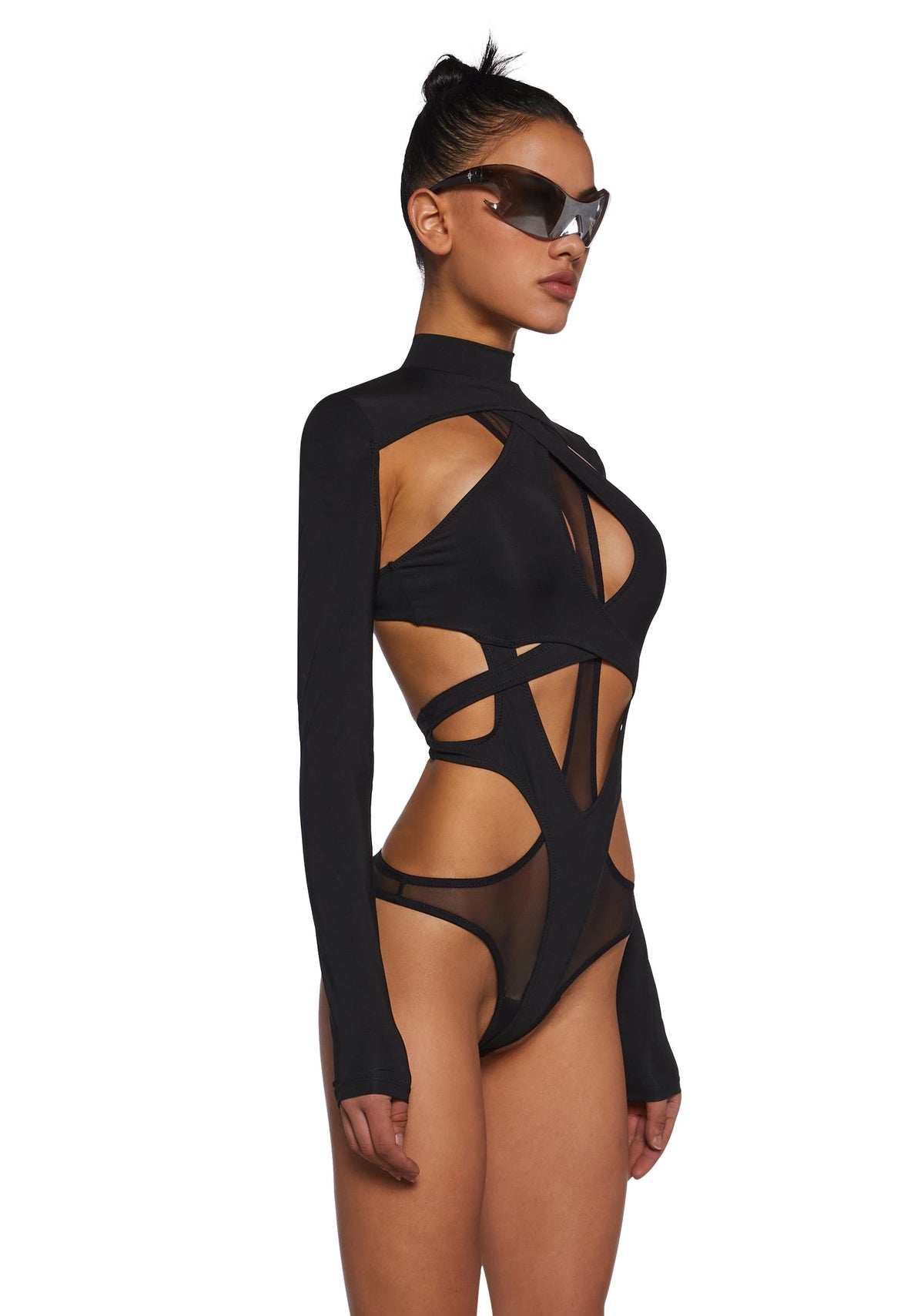 Strappy Mesh Bodysuit With Detachable Shrug - Black