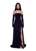 Velvet Maxi Dress Set With Gloves - Purple