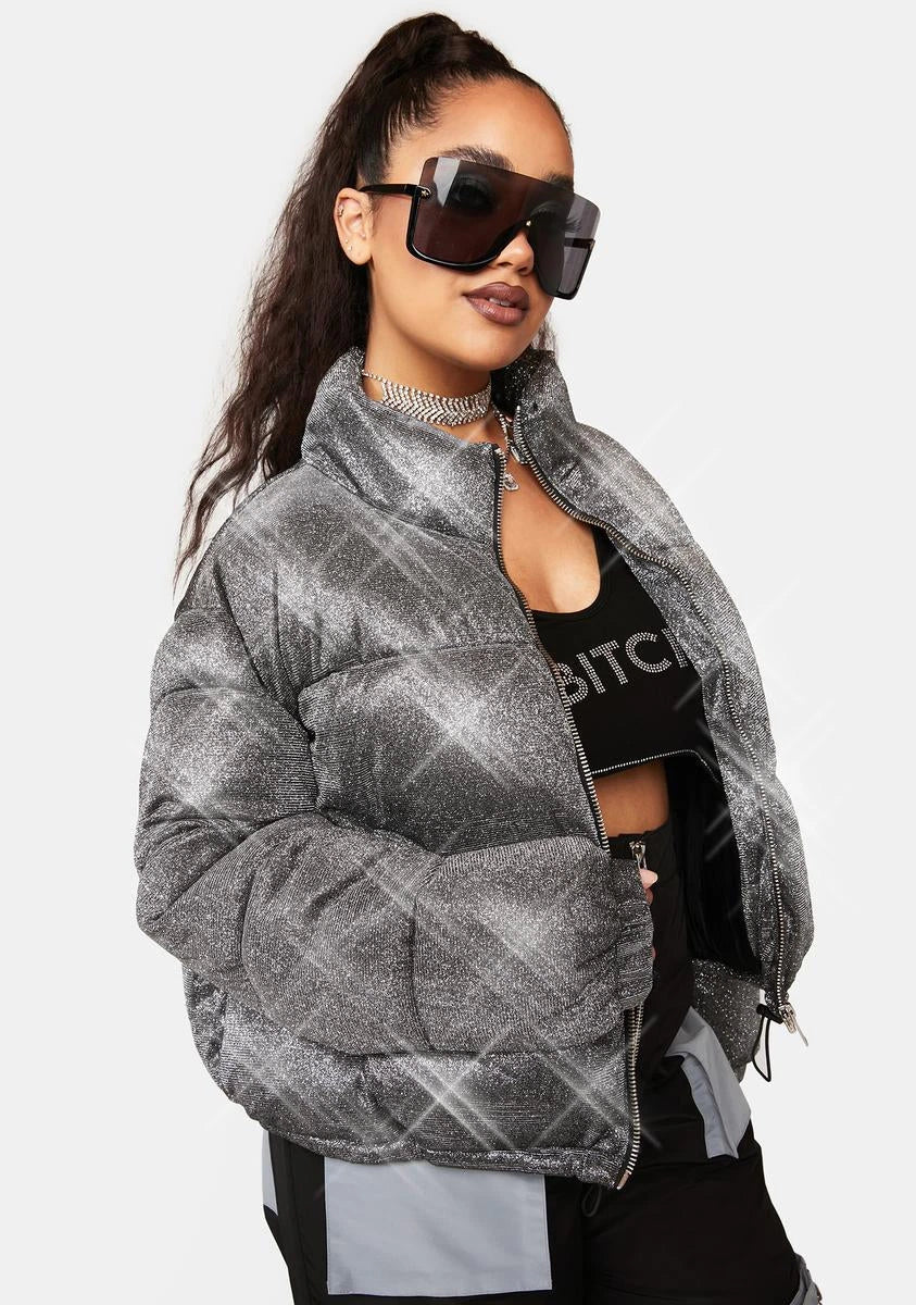 Sparkly Cropped Puffer Jacket - Silver