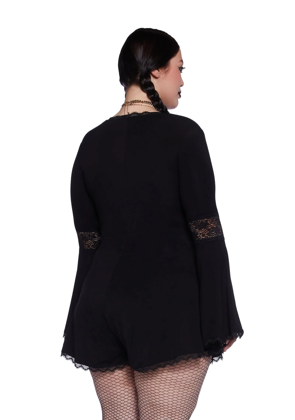 Lace Panel Bell Sleeve Romper - Black