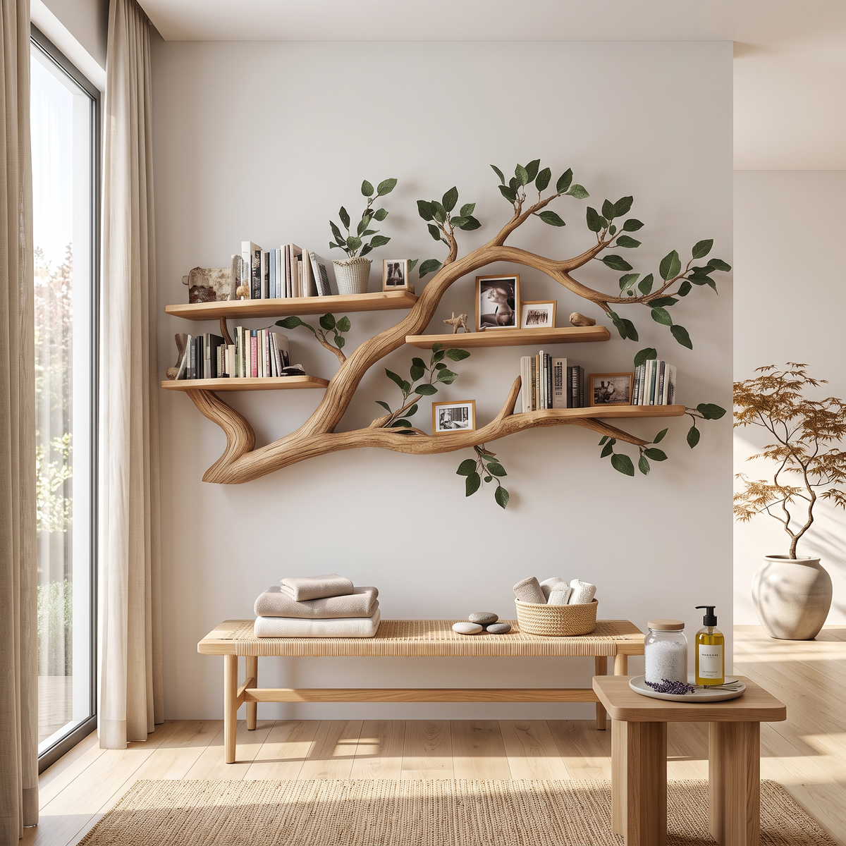 Rustic Wall Mounted Branch Bookshelf