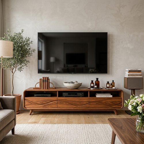 Contemporary TV Stand Low With Open Shelf For Home Interior