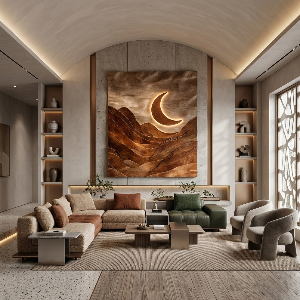 Large Crescent Moon Wood Wall Art For Living Room
