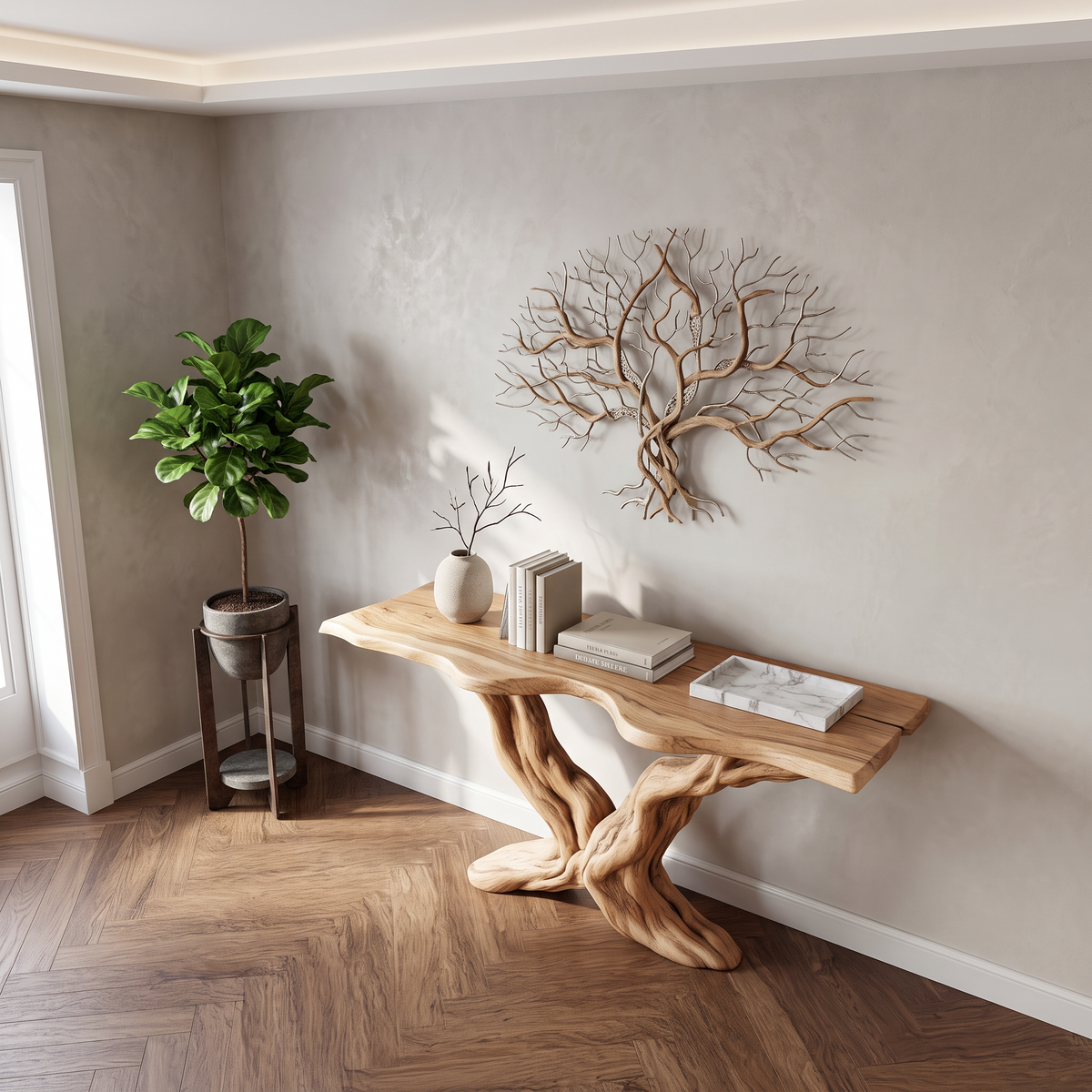Rustic Sculptural Wood Console Table