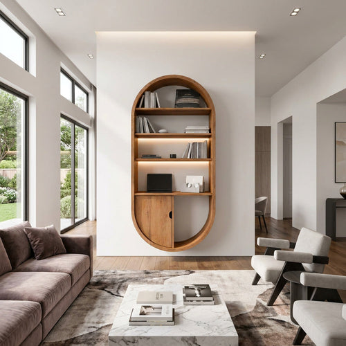 Arched Wooden Wall Bookshelf With Cabinet & Lighting
