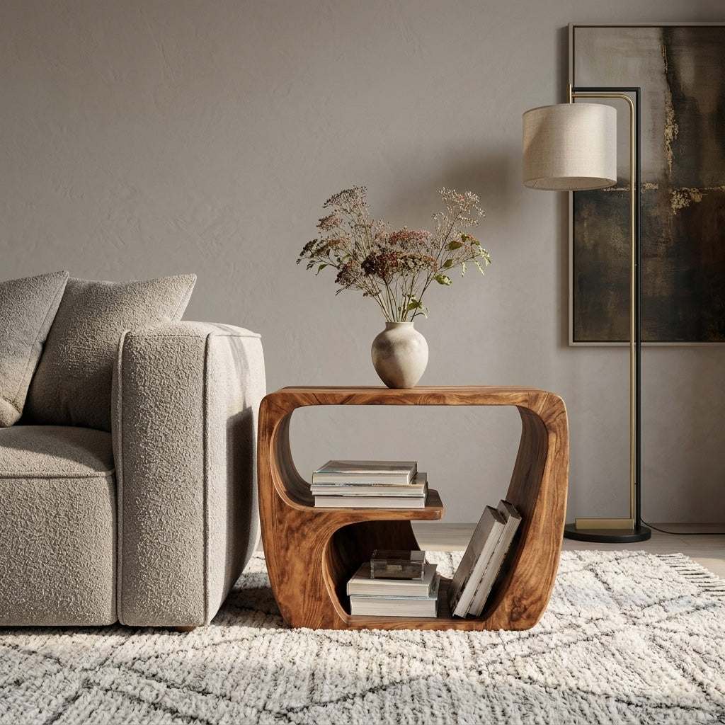 Quiet Luxury Solid Wood Side Table With Curved Design And Open Storage For Living Room