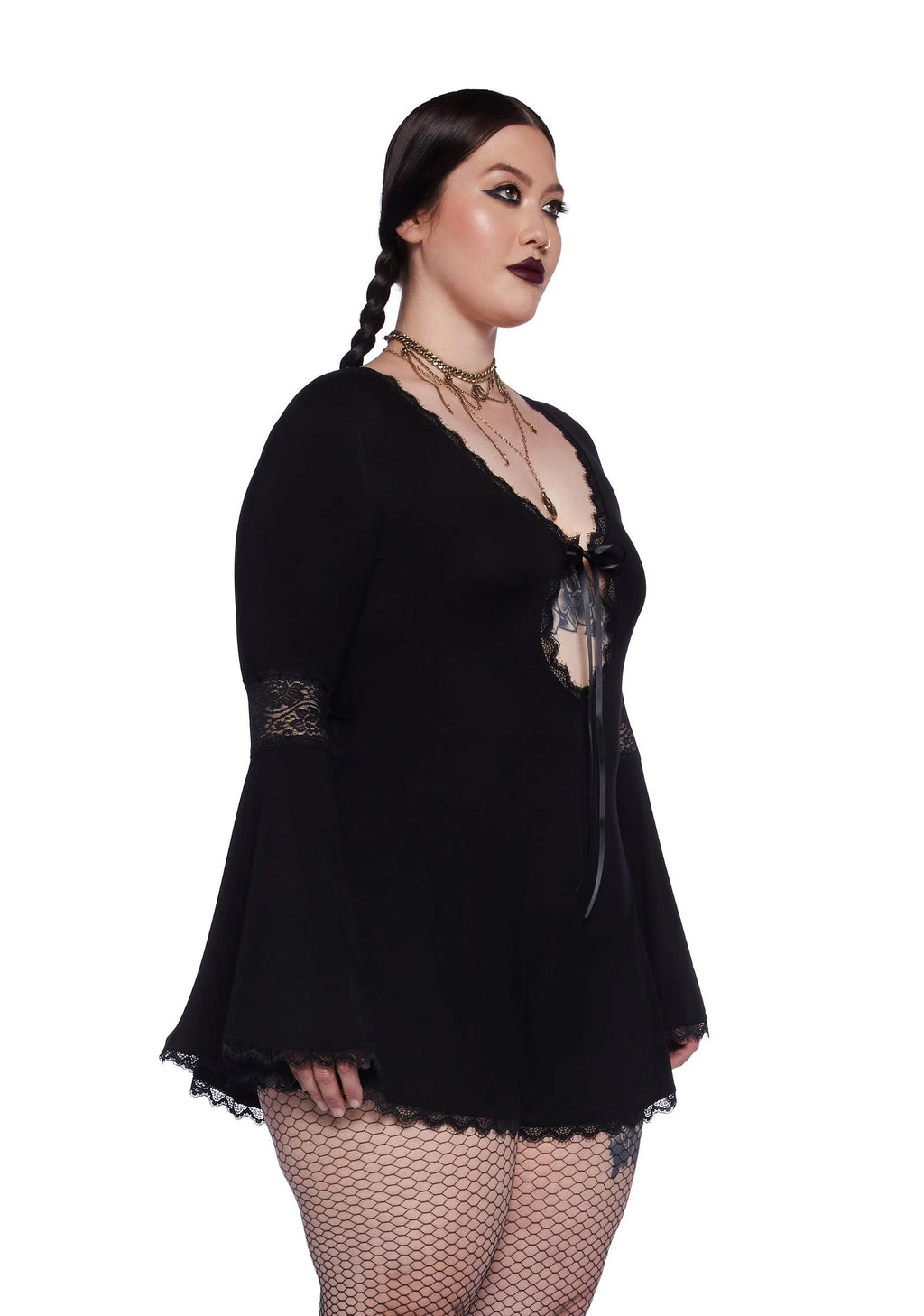 Lace Panel Bell Sleeve Romper - Black