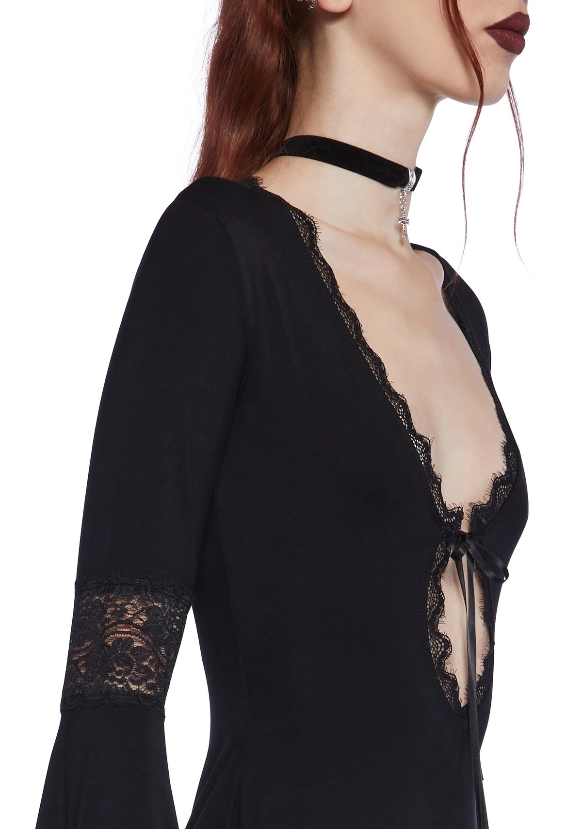 Lace Panel Bell Sleeve Romper - Black