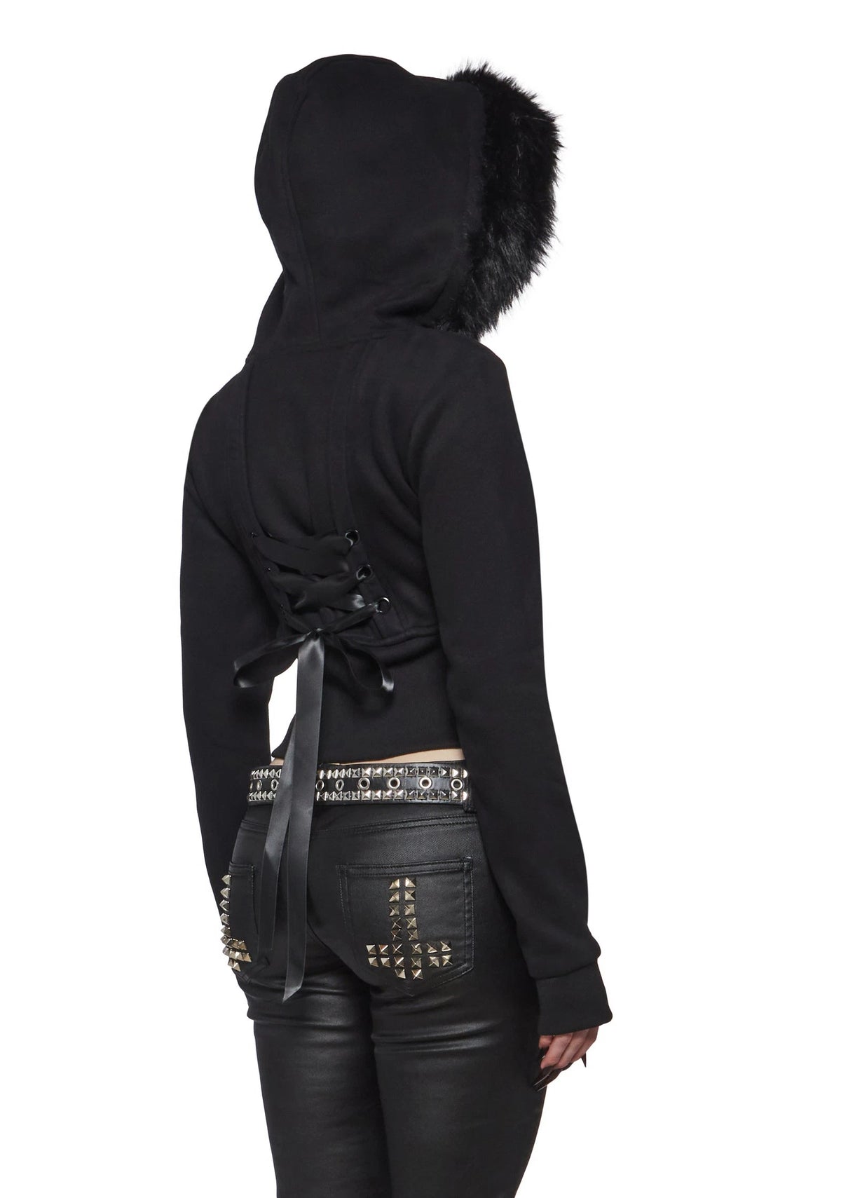 Cropped Fleece Jacket With Faux Fur Hood - Black