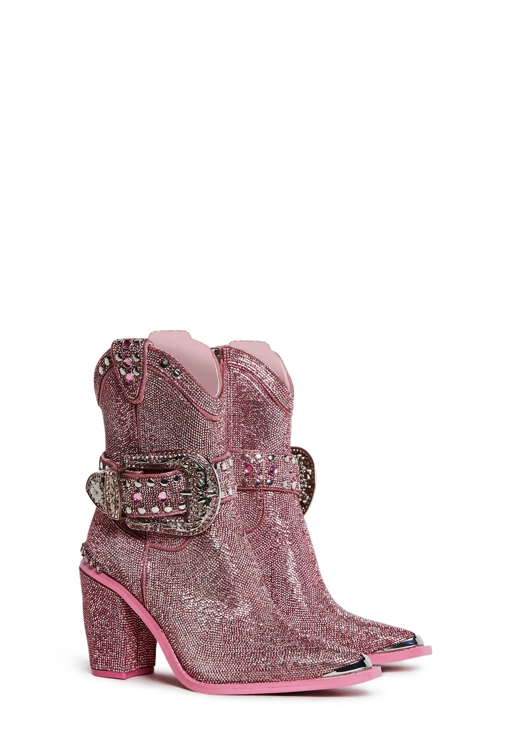 Rhinestone Western Boots With Buckle Straps - Pink