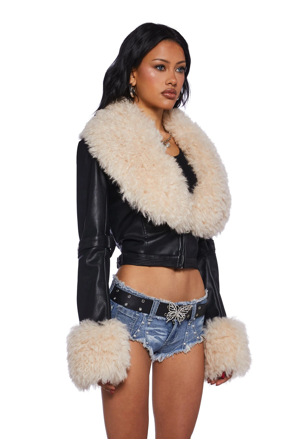 Cropped Faux Leather Moto Jacket - Black