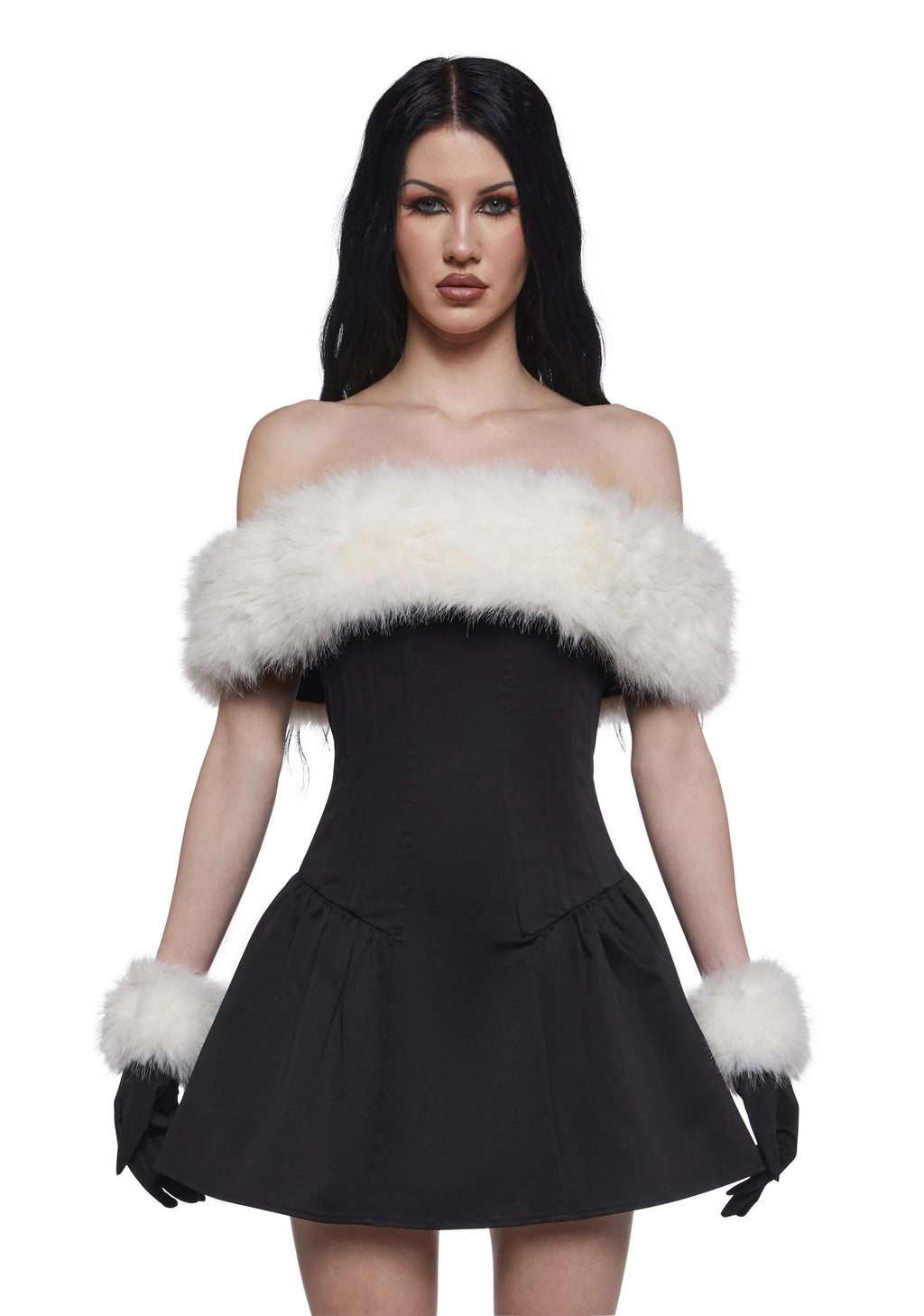 Off-Shoulder Faux Fur Mini Dress Set - Black