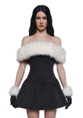 Off-Shoulder Faux Fur Mini Dress Set - Black