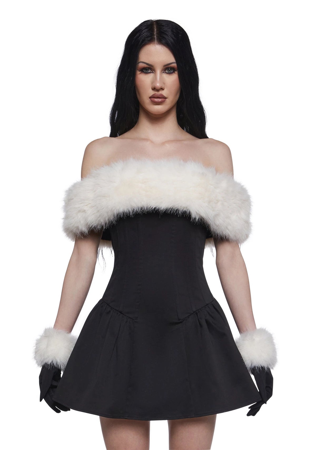 Off-Shoulder Faux Fur Mini Dress Set - Black