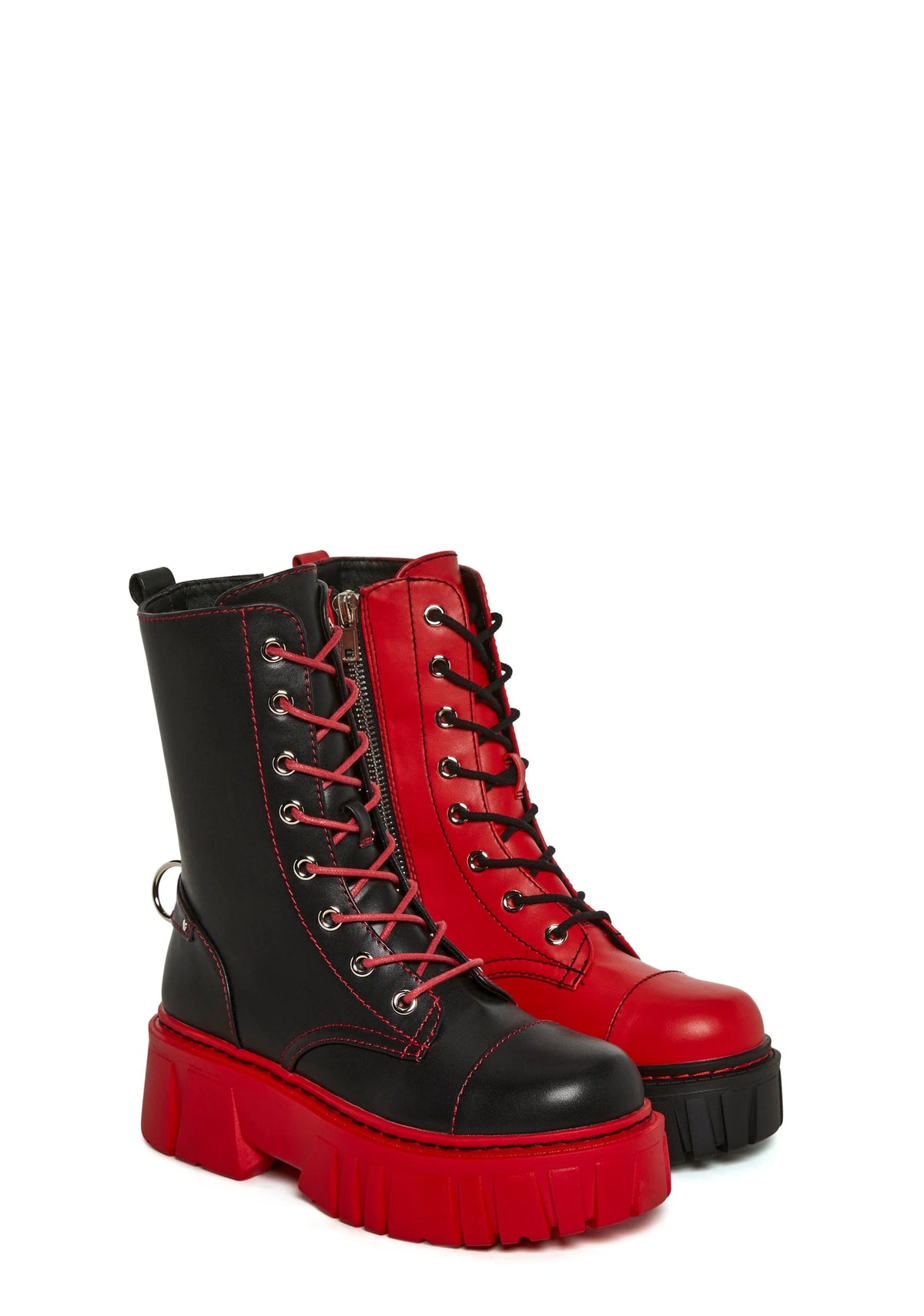 Mismatched Platform Combat Boots - Red