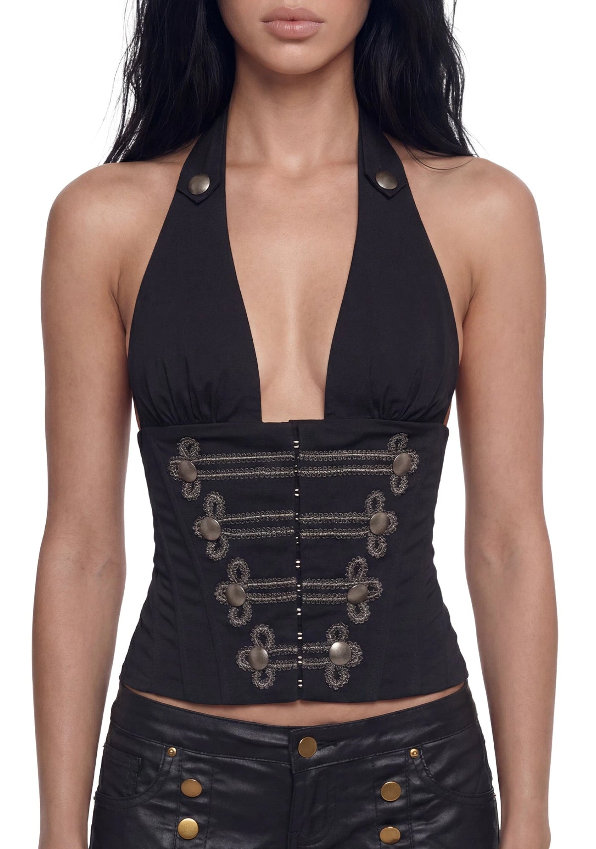 Halter Corset Top With Metallic Frogging - Black
