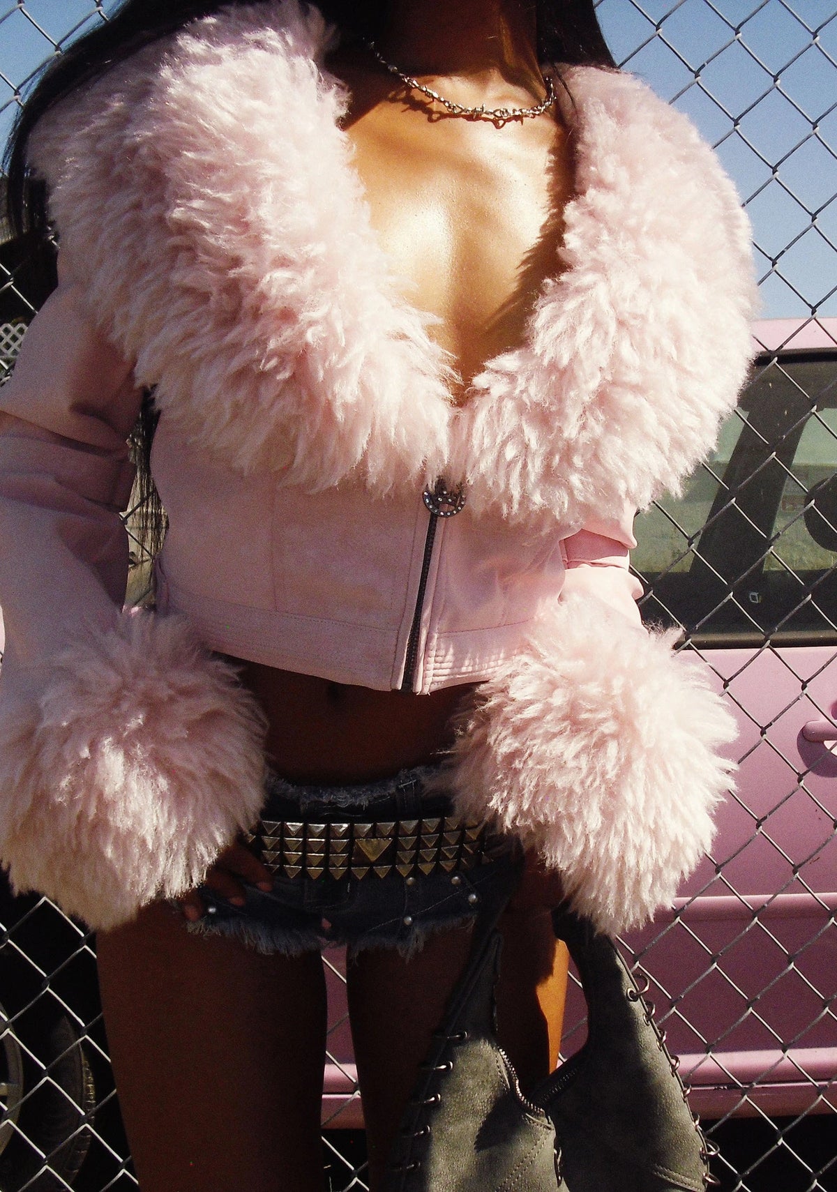 Cropped Vegan Leather Moto Jacket - Pink