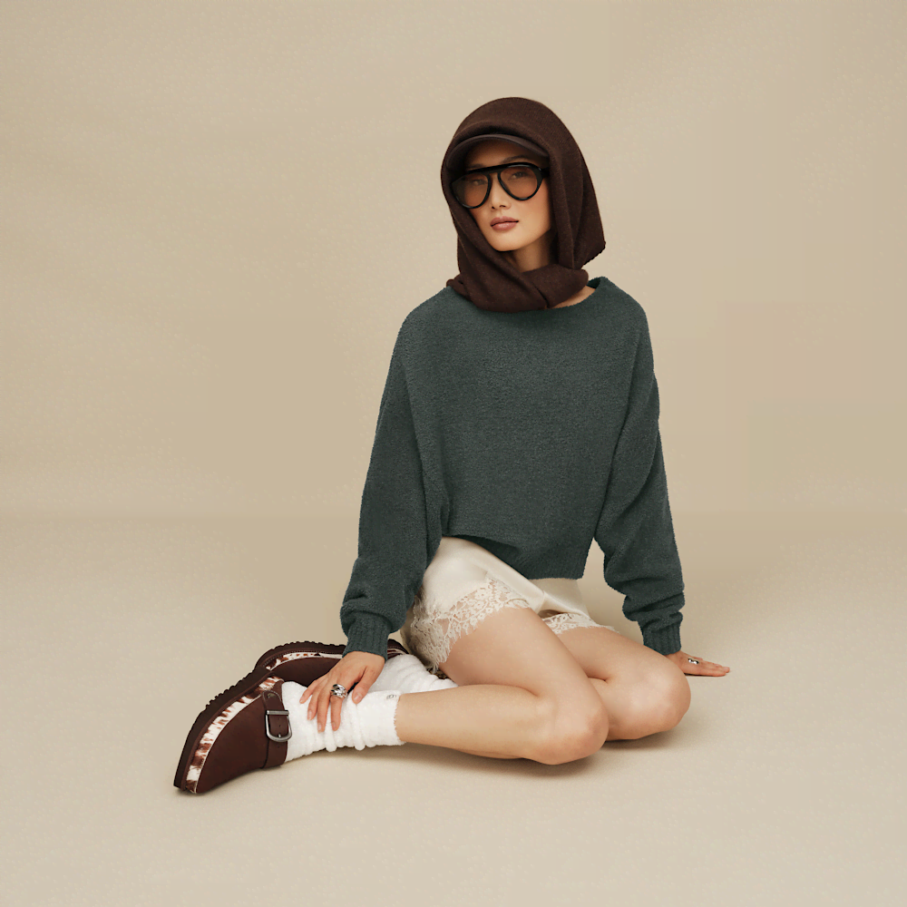 Women's Slouchy Boat Neck Pullover - Green