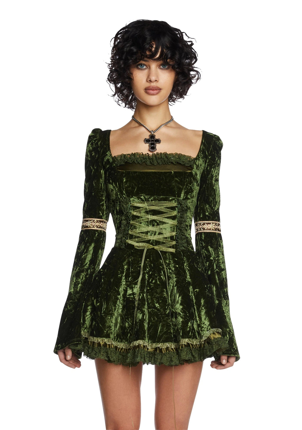 Velour Puff Sleeve Mini Dress - Green