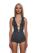 Hooded Backless Ruched Romper - Black