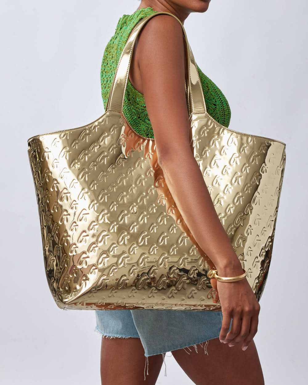 Metallic Vegan Leather Maxi Tote - Gold