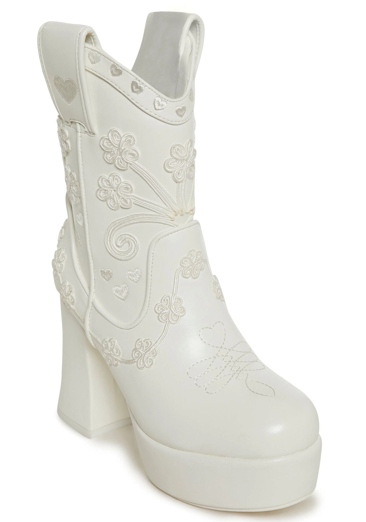Embroidered Platform Western Boots - White
