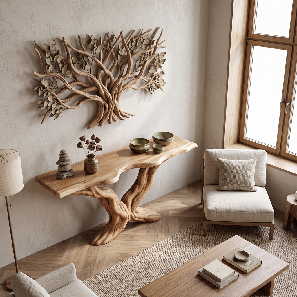 Rustic Sculptural Wood Console Table