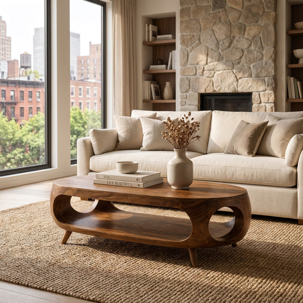 Sculptural Oval Coffee Table With Shelf For Living Room