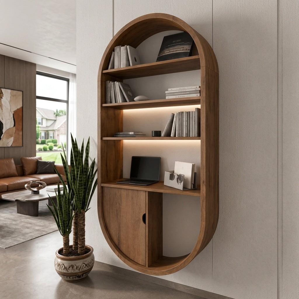 Arched Wooden Wall Bookshelf With Cabinet & Lighting