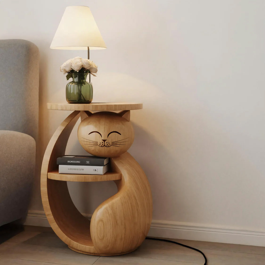 Whimsical Cat Shaped Wooden Side Table With Shelf For Bedroom Or Kids Room