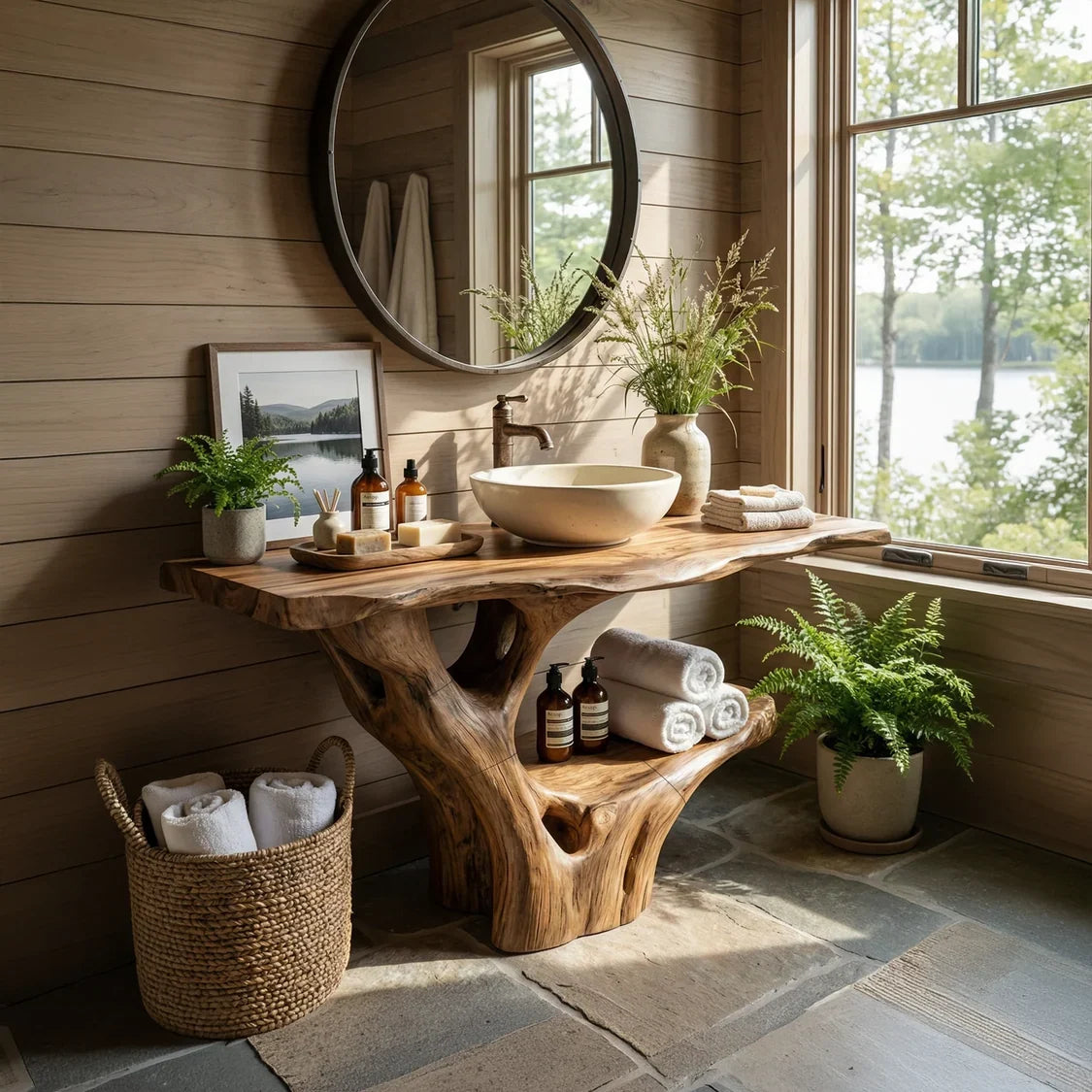 Modern Solid Wood Bathroom Vanity Organic Live Edge For Minimalist Bath