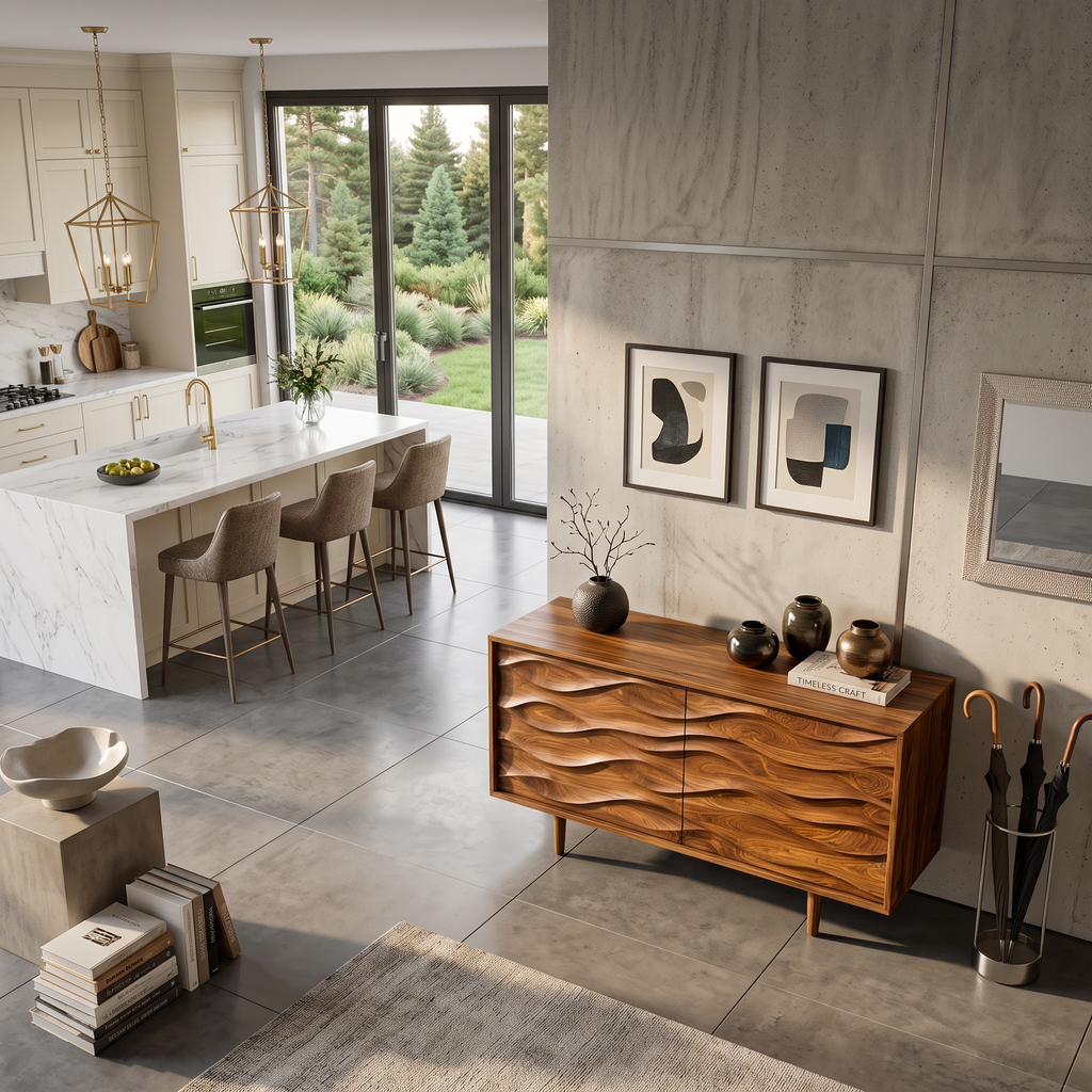 Contemporary Sideboard With Carved Wave Front Panels For Home