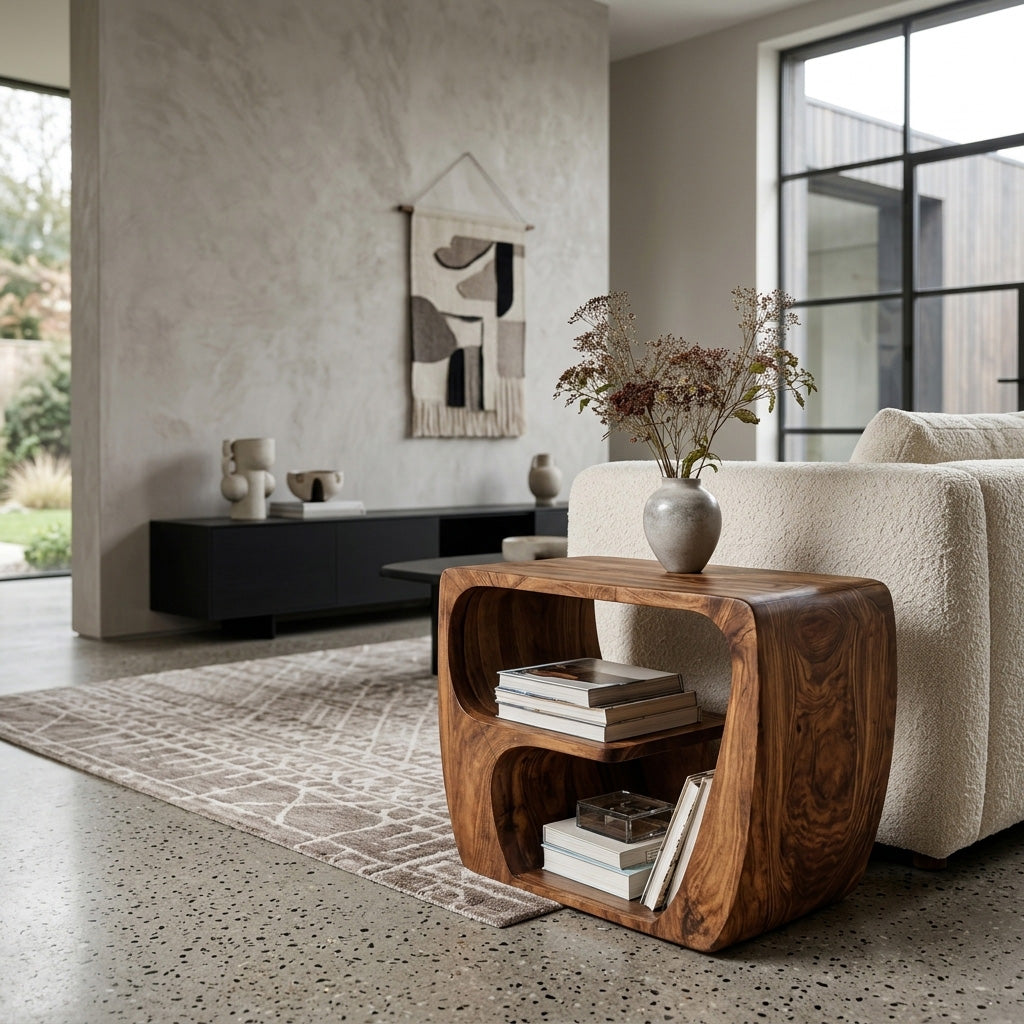 Quiet Luxury Solid Wood Side Table With Curved Design And Open Storage For Living Room