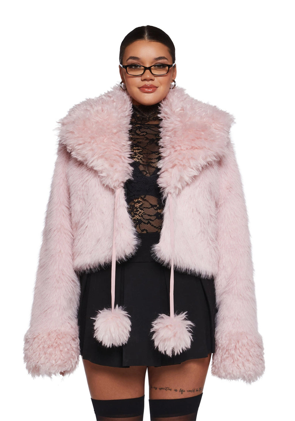 Faux Fur Cropped Tie-Front Jacket - Light Pink