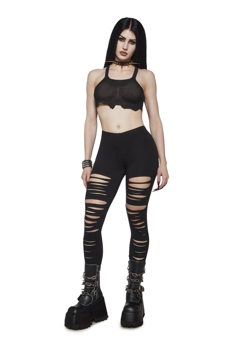 High Rise Shredded Leggings - Black