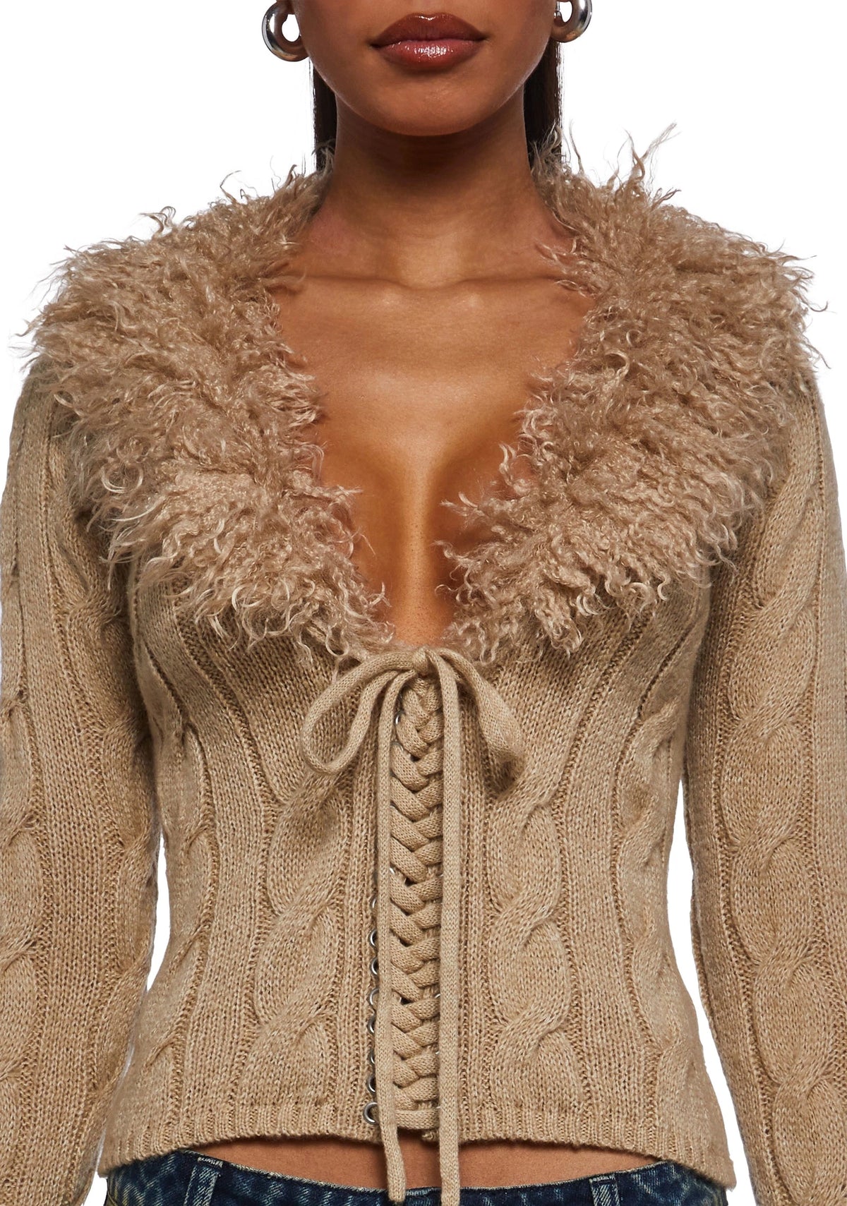 Cable Knit Faux Fur Trim Cardigan - Off White