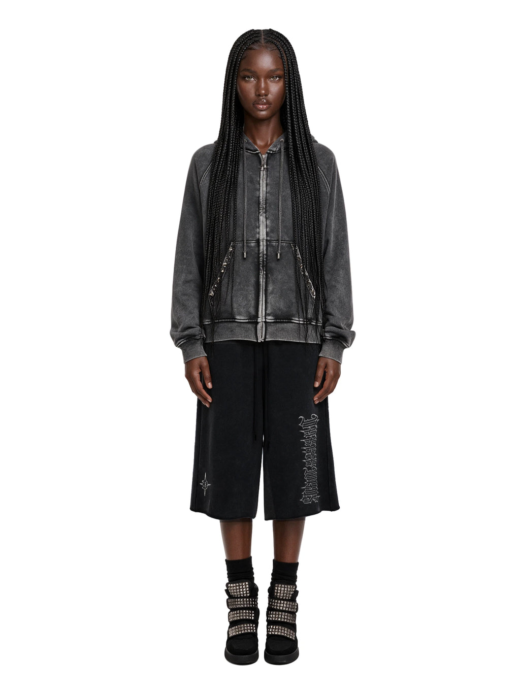 Studded Washed Zip Hoodie - Black