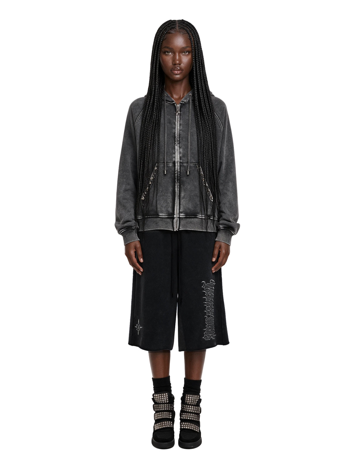 Studded Washed Zip Hoodie - Black