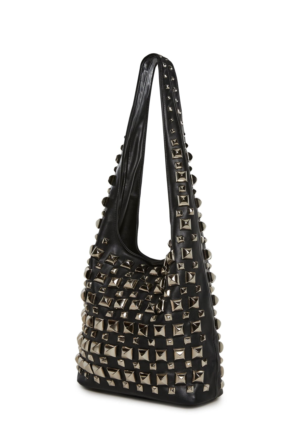 Pyramid Stud Faux Leather Hobo Tote - Black