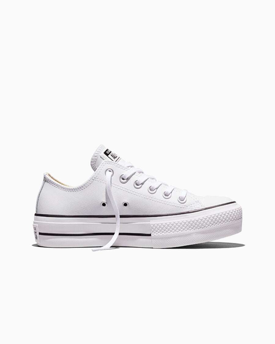 Women's Leather Platform Low Top Sneaker - White - White/Black/White