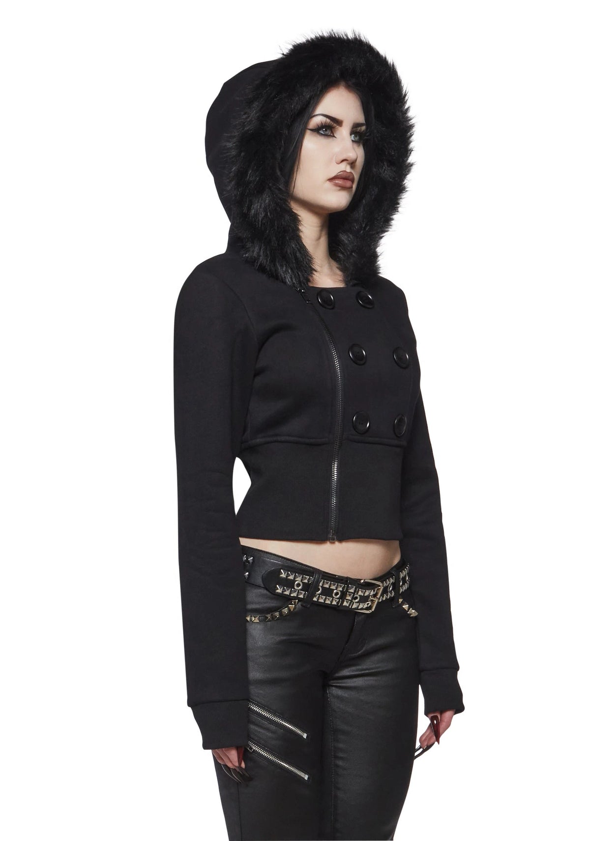 Cropped Fleece Jacket With Faux Fur Hood - Black