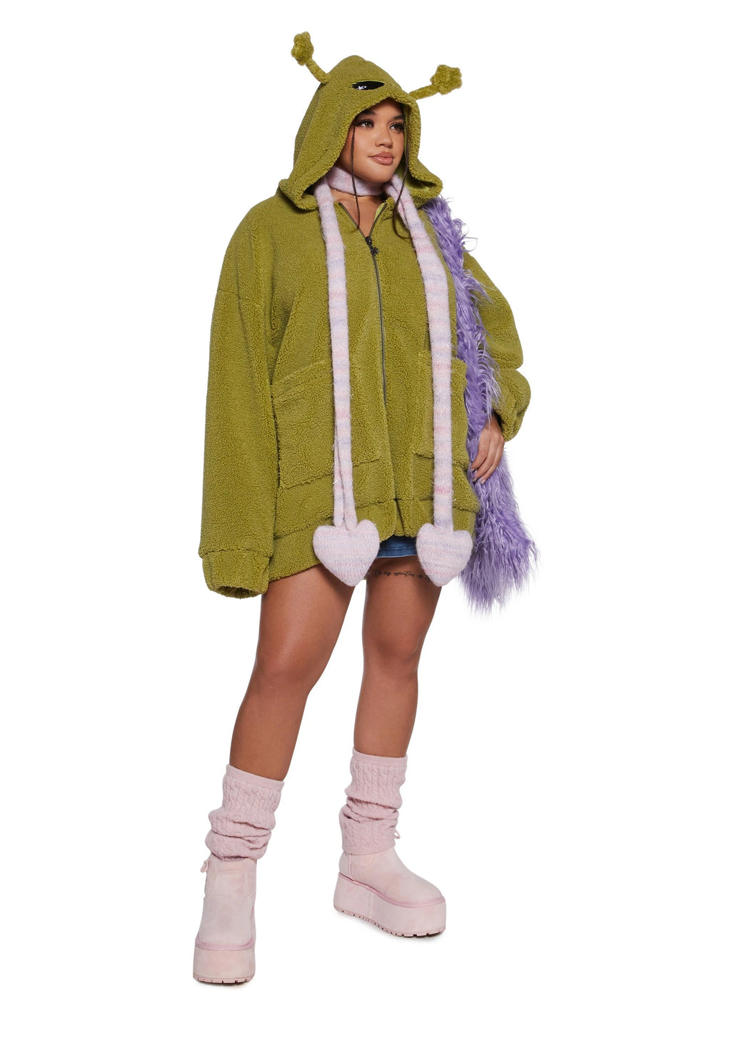 Hooded Sherpa Jacket With Alien Motif - Green