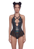 Metallic Mesh Halter Bodysuit - Black