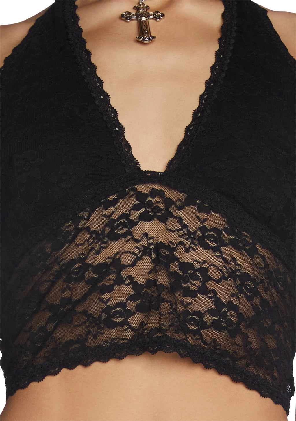 Lace Halter Crop Top - Black