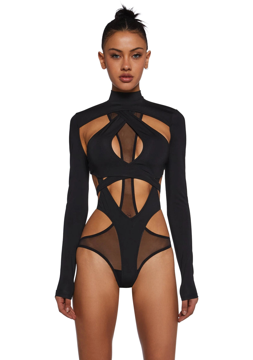 Strappy Mesh Bodysuit With Detachable Shrug - Black