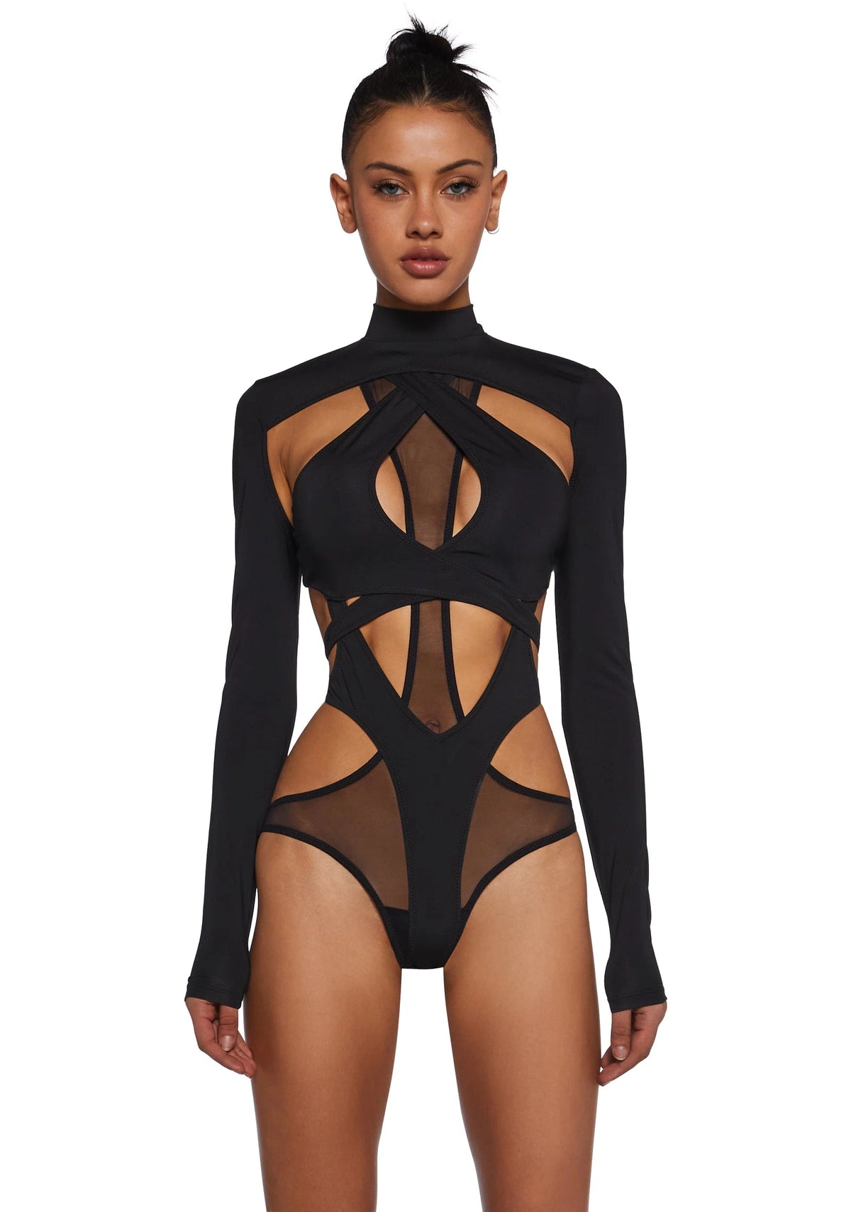 Strappy Mesh Bodysuit With Detachable Shrug - Black